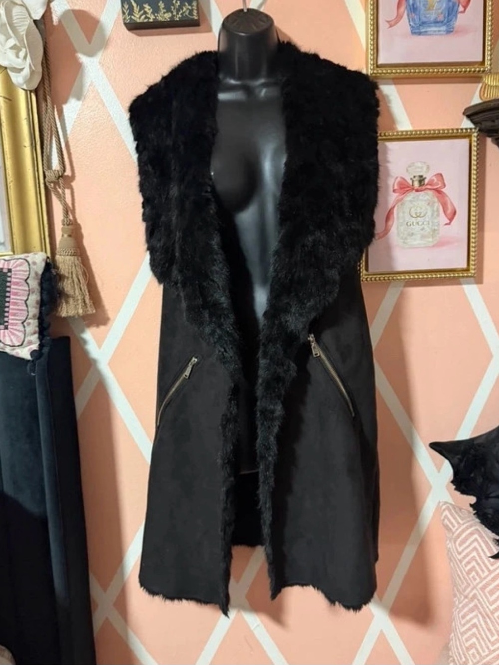 Dolce & Gabbana Black Faux Fur-Trim Sleeveless Vest